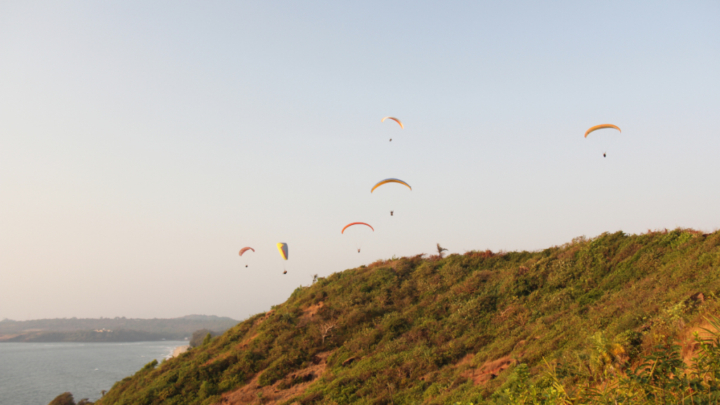 A group of people flying kites over a lush green hillside